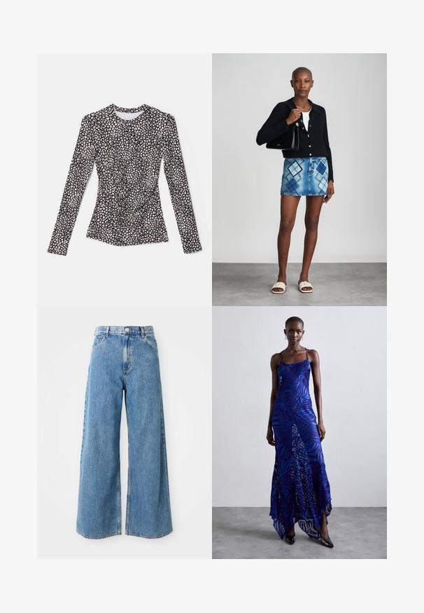Langärmliges Oberteil mit schwarzem Grundton und einem weißen und rosa Blumenmuster, Rundhalsausschnitt, enganliegendem Design und strukturiertem Stoff.; Hochbundige, hellblaue, weit geschnittene Jeans mit Frontknopf, Reißverschluss und Fronttaschen auf weißem Hintergrund.; Maxikleid im blauen und lila Tiermuster mit dünnen Trägern, einem taillierten Oberteil, ausgestelltem Saum und transparenten Überlagerungen.; Schwarze Strickjacke, weißes Oberteil, Jeansrock mit blauem und schwarzem Diamantenmuster, schwarze Handtasche und beige Rutschsandalen.