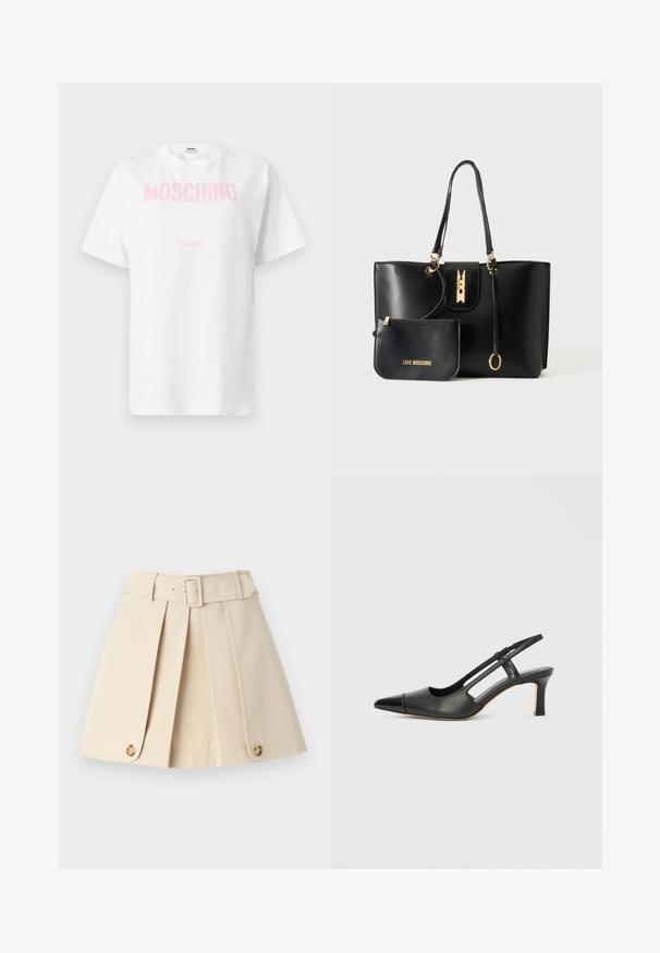 T-shirt en coton blanc avec le texte "MOSCHINO" en rose sur la poitrine et un texte plus petit "Milano" en dessous, manches courtes et encolure ronde.; Jupe plissée beige avec une taille ajustée, de larges passants de ceinture et des accents de boutons au bas. Fabriquée en tissu léger et lisse.; Chaussure à bride arrière en cuir noir avec bout pointu, dotée d'un accent brillant sur le bout et d'un talon de hauteur moyenne. Design latéral ouvert.; Sac cabas en cuir noir avec des ferrures dorées et une pochette zippée assortie étiquetée "Love Moschino" sur un fond uni.