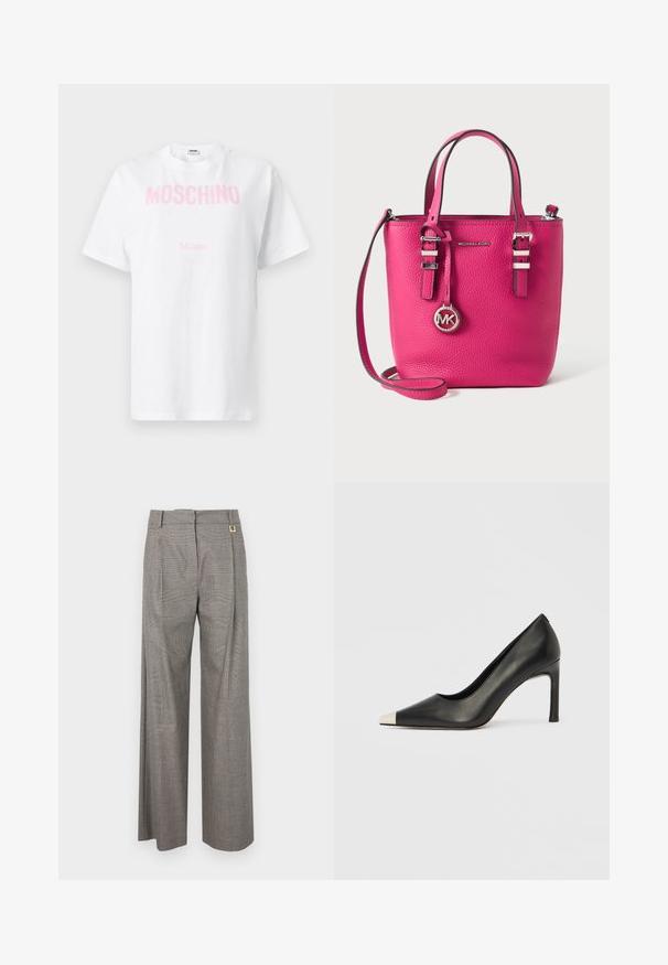 Camiseta blanca de algodón con texto rosa "MOSCHINO" en el pecho y texto más pequeño "Milano" debajo, mangas cortas y cuello redondo.; Pantalones de cuadro gris de pierna ancha con cintura alta, pliegues frontales y un acento de metal dorado en la cinturilla. Tejido texturizado.; Zapato de tacón alto de cuero negro con punta en forma de pico y una tapa metálica plateada. Presenta un acabado suave y un tacón delgado de 10 cm.; Bolso Michael Kors de cuero texturizado en un color rosa brillante, con dos asas, una correa para el hombro, hebillas plateadas y un colgante redondo con el logo MK.