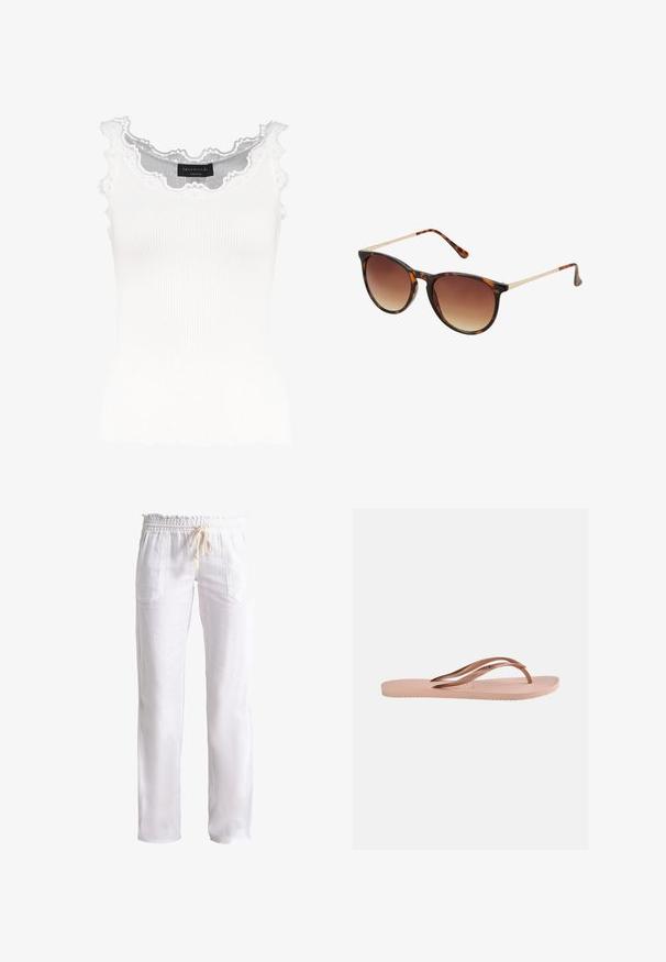 Débardeur blanc à côtes avec dentelle au niveau de l'encolure et des manches. Présente une texture douce et une coupe ajustée. Étiquette de la marque visible à l'intérieur.; Pantalons en lin blanc avec une coupe décontractée, taille élastique et cordon de serrage. Comprend deux poches avant et une texture lisse.; Une seule sandale tongs rose clair avec semelle texturée et brides en forme de Y en or rose métallique sur un fond uni.; Lunettes de soleil en écaille de tortue avec des verres dégradés marron, forme œil de chat, accents en métal doré sur les branches, et monture en plastique lisse.
