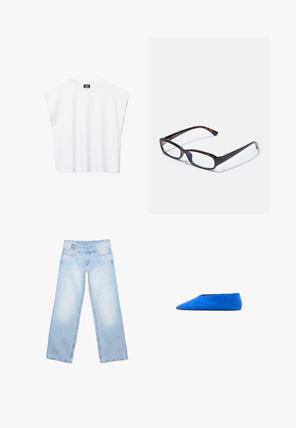 Haut court blanc sans manches à encolure ronde avec épaules larges et étiquette noire "B6" à l'intérieur du col.; Jean en denim bleu clair à jambes droites avec poches avant, passants de ceinture et double fermeture par boutons à la taille.; Chaussure plate en daim bleu avec bout pointu et semelle profilée basse, vue de côté sur fond blanc.; Lunettes rectangulaires avec un motif écaille de tortue, monture en plastique noir et verres transparents. Présentent des branches fines et une légère courbure aux extrémités.