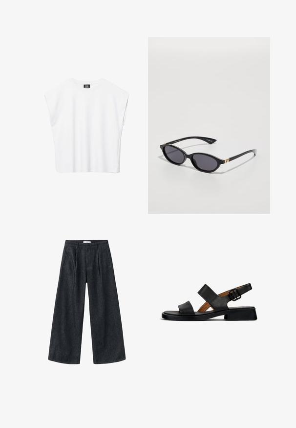 Hvid ærmeløs crop top med rund halsudskæring, brede skuldre og sort "B6"-label indvendigt i kraven.; Mørke denim brede bukser med plisseringer, høj talje og klassisk snit. Har en ren afslutning ved kanten og minimale sy detaljer.; Sorte lædersandaler med to vandrette stropper og en spændeankelrem. Flad, tekstureret sål med en let hæl og en glat finish.; Sorte solbriller med ovale linser, mørk gradienttint og slanke arme med diskrete guldkant. Glat plastikfinish.