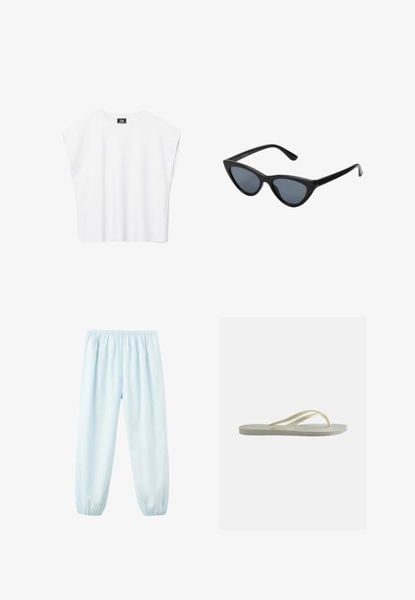 Hvid ærmeløs crop top med rund halsudskæring, brede skuldre og sort "B6"-label indvendigt i kraven.; Lyseblå elastiske bukser i taljen og ved anklerne med løs pasform, lavet af lette stoffer.; Enkelt off-white gummiflipper med tynde remme og tekstureret fodseng set fra siden på ensfarvet baggrund.; Sorte katteøje solbriller med mørkegrå linser, slankt plastisk stel, spidse hjørner og lige stænger. Ingen synlig hardware eller dekorationer.