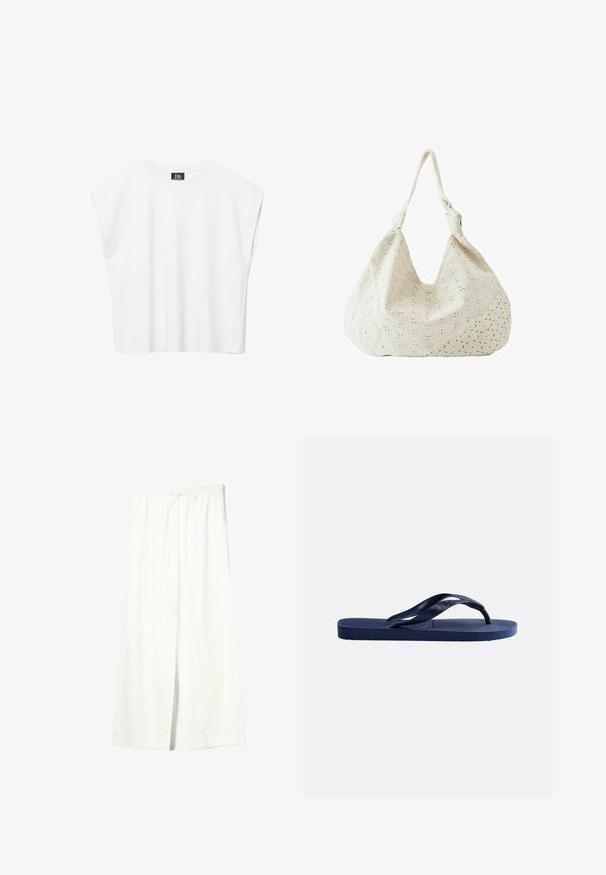 Weißes ärmelloses Crop-Top mit Rundhalsausschnitt, breiten Schultern und schwarzem "B6"-Etikett an der Innenseite des Kragens.; Weiße Leinenhose mit weitem Bein, elastischem Bund und Kordelzug, ausgestattet mit Seitentaschen und einem vorderen Schlitz.; Dunkelblaue Gummi-Zehensandale mit strukturierter Sohle und Y-förmigem Riemen auf schlichtem hellem Hintergrund.; Cremefarbene Stoff-Schultertasche mit Lochstickerei in Blumenmotiv und einem einzelnen weichen Tragegurt.