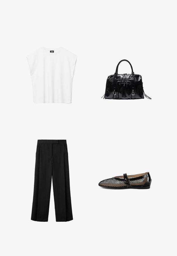 Haut court blanc sans manches à encolure ronde avec épaules larges et étiquette noire "B6" à l'intérieur du col.; Pantalon noir à jambes larges en tissu lisse, avec une taille plate, deux poches latérales et une ceinture cintrée.; Ballerines en mesh noir avec une bordure en cuir verni noir brillant, un bouton décoratif rond et un talon plat bas.; Sac à main en cuir noir brillant avec deux poignées, poche avant zippée, sangles décoratives et ferrures métalliques argentées.
