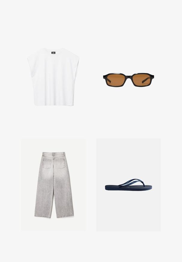 Hvid ærmeløs crop top med rund halsudskæring, brede skuldre og sort "B6"-label indvendigt i kraven.; Lysegrå viddebukser med høj talje og to baglommer, vist bagfra på en ensartet hvid baggrund.; Marineblå gummiflip-flop med tekstureret sål og Y-formede stropper, isoleret på ensartet lysegrå baggrund.; Sorte rektangulære solbriller med tykke stel og brune tonede linser, vist forfra på en hvid baggrund.