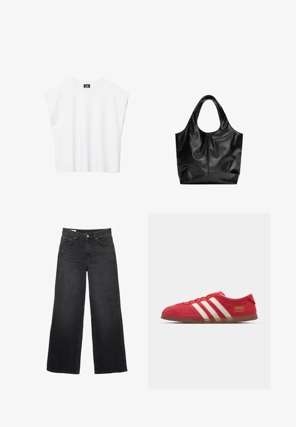 Hvid ærmeløs crop top med rund halsudskæring, brede skuldre og sort "B6"-label indvendigt i kraven.; Sorte viddebukser i jeans med høj talje, lukning med forreste knap og lynlås, bæltestropper og femlommesdesign.; Røde ruskinds sneakers med hvidt tre-stripes design, flad ydersål og guld logo detalje. Lavskåren design med afrundet tå og snørebåndslukning.; Sort læder tote taske med en glat overflade, en blød, afrundet top og brede håndtag. Har minimal syning og en afslappet silhuet.