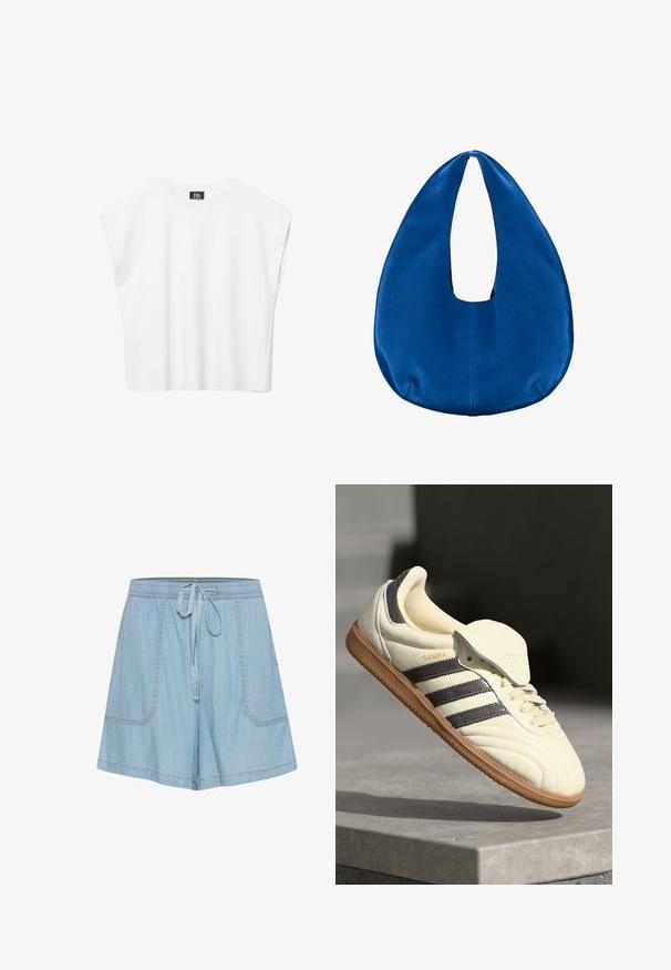 Biely bezrukávový crop top s okrúhlym výstrihom, širokými ramenami a čiernou nášivkou "B6" vo vnútri goliera.; Svetlo modré deniminové šortky s elastickým pásom, detailom na viazanie, dvoma prednými vreckami a prešívanými akcentmi.; Krémové kožené tenisky s tromi tmavými pruhmi, hnedou gumenou podrážkou a zaoblenou špičkou. Obsahujú prehýbací jazyk s označením "SAMBA."; Mäkká modrá látková hobo kabelka s obdĺžnikovým, polmesiacom tvarom a širokým otvorom na rukoväť na vrchu v strede.