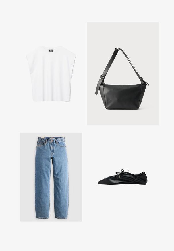 Biely bezrukávový crop top s okrúhlym výstrihom, širokými ramenami a čiernou nášivkou "B6" vo vnútri goliera.; Svetlomodré džíny z denimu s rovnými nohavicami, piatimi vreckami, zipsovým zapínaním a jemne vyblednutou textúrou. Klasický štýl s minimálnym kovovým doplnkom.; Čierna balerínka z kože s nazberanou špičkou a šnúrkou na viazanie s kovovými koncovkami, minimalistický a elegantný bočný pohľad.; Čierna kožená kabelka cez rameno so širokým nastaviteľným popruhom a striebornou prackou, zobrazená na svetlom jednofarebnom pozadí.