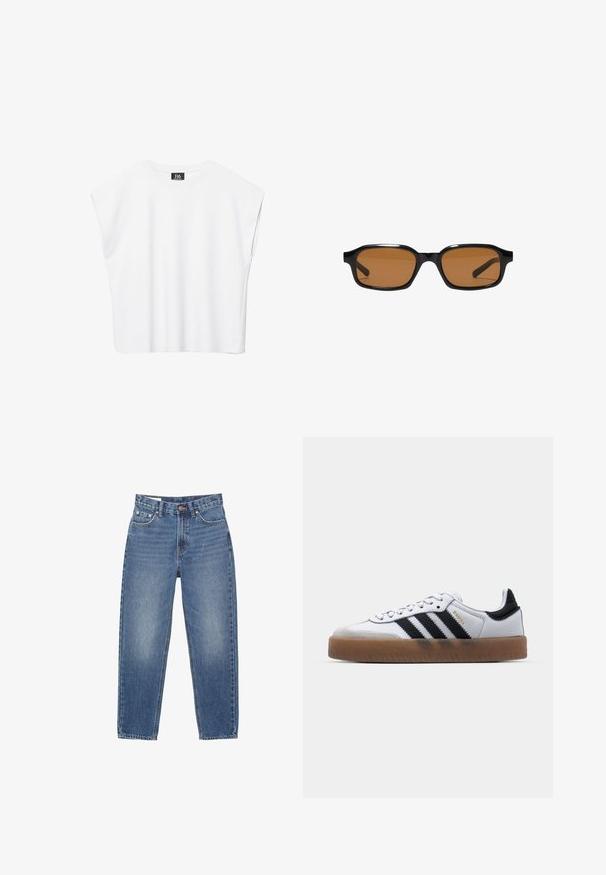 Biely bezrukávový crop top s okrúhlym výstrihom, širokými ramenami a čiernou nášivkou "B6" vo vnútri goliera.; Modré denimové džínsy s rovnými nohavicami, štýl s piatimi vreckami a viditeľnými švami na bielom pozadí.; Biele kožené tenisky s čiernymi pruhmi, gumová podrážka, okrúhla špička, šnurovanie a mäkký sivý semišový špička.; Čierne obdĺžnikové slnečné okuliare s hrubými rámami a hnedom sfarbenými šošovkami, zobrazené spredu na bielom pozadí.