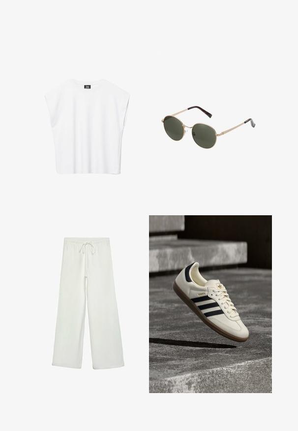 Haut court blanc sans manches à encolure ronde avec épaules larges et étiquette noire "B6" à l'intérieur du col.; Pantalons larges blancs en tissu doux. Dotés d'une taille élastique avec cordon de serrage et d'une texture lisse. Aucuns motifs visibles ni éléments en métal.; Baskets blanches Adidas Samba avec des bandes noires et une semelle en gomme, flottant au-dessus de marches en béton gris texturé.; Lunettes de soleil rondes avec des montures en métal doré et des verres vert foncé. Les branches présentent un design écaille de tortue pour un détail supplémentaire.