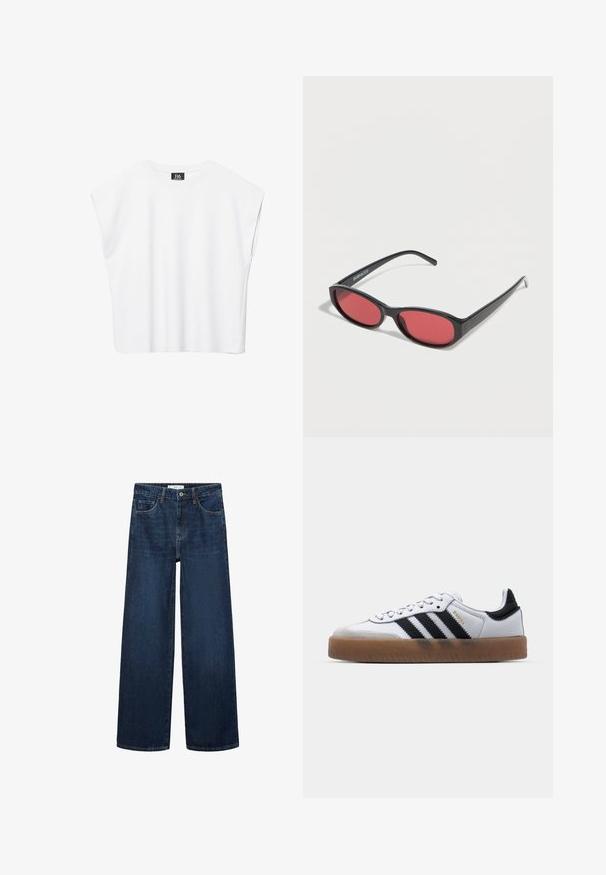 Witte mouwloze crop top met ronde hals en brede schouders, met een zwart "B6" label aan de binnenkant van de kraag.; Brede donkerblauwe denim jeans met hoge taille, voorzien van vijf zakken en een klassieke knoopsluiting. Glad textuur en rechte snit.; Witte leren sneakers met zwarte strepen, gumrubberen buitenzool, ronde neus, vetersluiting en een zachte grijze suède neuskap.; Zwarte ovale zonnebril met slanke pootjes en rood getinte glazen, rustend op een witte ondergrond.