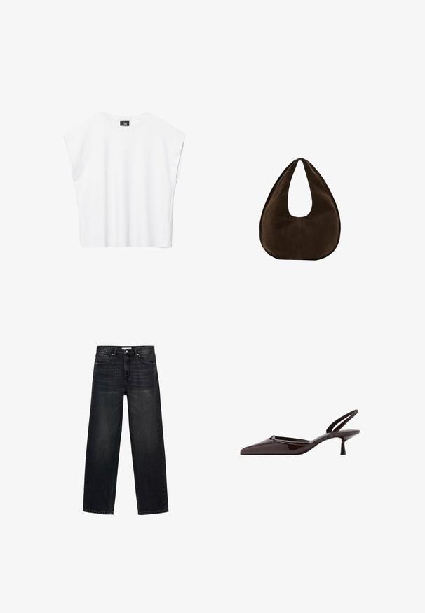 Biely bezrukávový crop top s okrúhlym výstrihom, širokými ramenami a čiernou nášivkou "B6" vo vnútri goliera.; Čierne široké džínsy vyrobené z denimu. S piatimi vreckami, zipsom a gombíkovým zapínaním a s jemným vyblednutím na prednej strane.; Tmavohnedé lodičky slingback z lakovanej kože s hrotom špičkou a nízkym kitten podpätkom na bielom pozadí.; Tmavohnedá semišová kabelka v tvare polmesiaca s jedným širokým remienkom a hladkou textúrou na bielom pozadí.