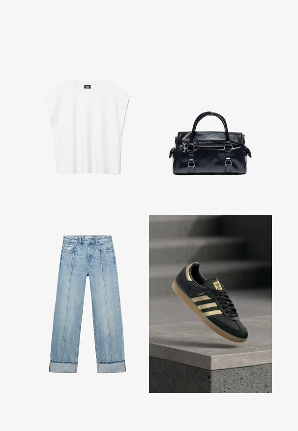 Biely bezrukávový crop top s okrúhlym výstrihom, širokými ramenami a čiernou nášivkou "B6" vo vnútri goliera.; Svetlomodré džínsy s voľným strihom a vysokým pásom, ktoré majú päť vreciek, viditeľné švy a nohavice s prehnutými lemami.; Čierna teniska Adidas Samba so zlatými pruhmi a gumovou podrážkou vznášajúca sa nad betónovým povrchom s rozmazanými schodmi v pozadí.; Čierna kožená kabelka s dvojitými rúčkami, predným vreckom na zips a striebornými kovovými detailmi na bielom pozadí.