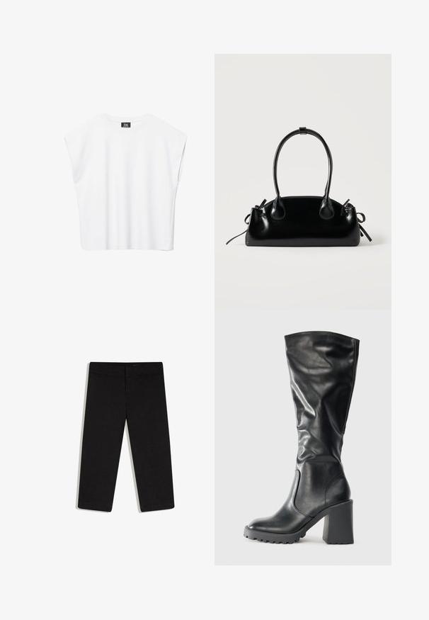 Haut court blanc sans manches à encolure ronde avec épaules larges et étiquette noire "B6" à l'intérieur du col.; Pantalon noir court à jambes droites, taille plate avec ceinture, sans poches visibles, présenté sur fond blanc.; Bottines noires en cuir montant jusqu'au genou, dotées d'un bout arrondi, d'un large talon bloc et d'une semelle texturée, avec un design doux et fluide.; Petit sac à main noir brillant avec deux longues anses et des détails à cordon sur les côtés sur un fond clair uni.
