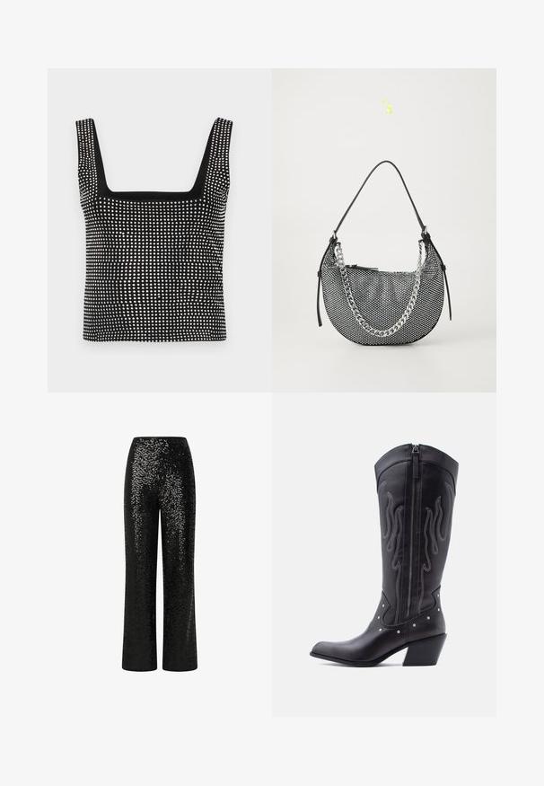 Good American CRYSTAL TANK - Top - black; Schwarze Pailletten-Hosen mit geradem Bein, ausgestattet mit einem glatten Bund und reflektierender Textur, die einen schimmernden Effekt erzeugt.; Schwarze Cowboy-Stiefel aus Leder mit spitzer Zehenpartie, sichtbarer Nahtführung, silbernen Nietenakzenten und Reißverschluss auf der Innenseite.; Schwarze Mesh-Handtasche in Halbmondform, mit einem silbernen Kettenriemen und schwarzen Lederakzenten. Texturierte Oberfläche mit einem Reißverschluss.
