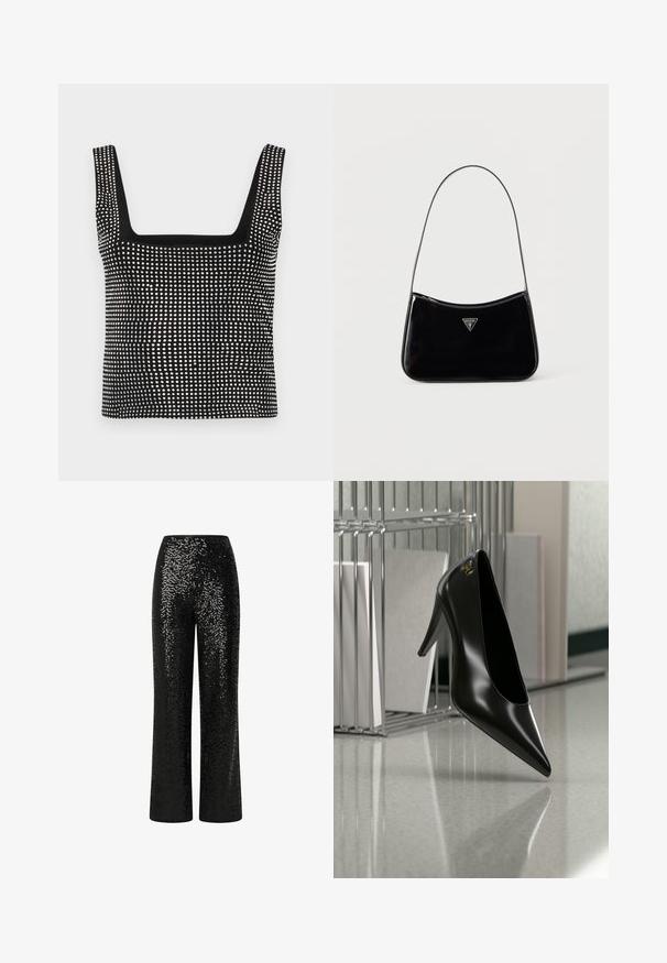Good American CRYSTAL TANK - Top - black; Čierne nohavice z flitrov s rovným strihom, ktoré majú hladký pás a reflexnú textúru, vytvárajúcu žiariaci efekt.; Čierna lodička na vysokom opätku so špicatou špičkou a zlatým logom, umiestnená na lesklej ploche vedľa chrómového drôteného organizéra na dokumenty.; Čierna kabelka cez rameno z lakovanej kože s úzkym pásikom, trojuholníkovým logom Guess na prednej strane a horným zipsovým uzáverom.