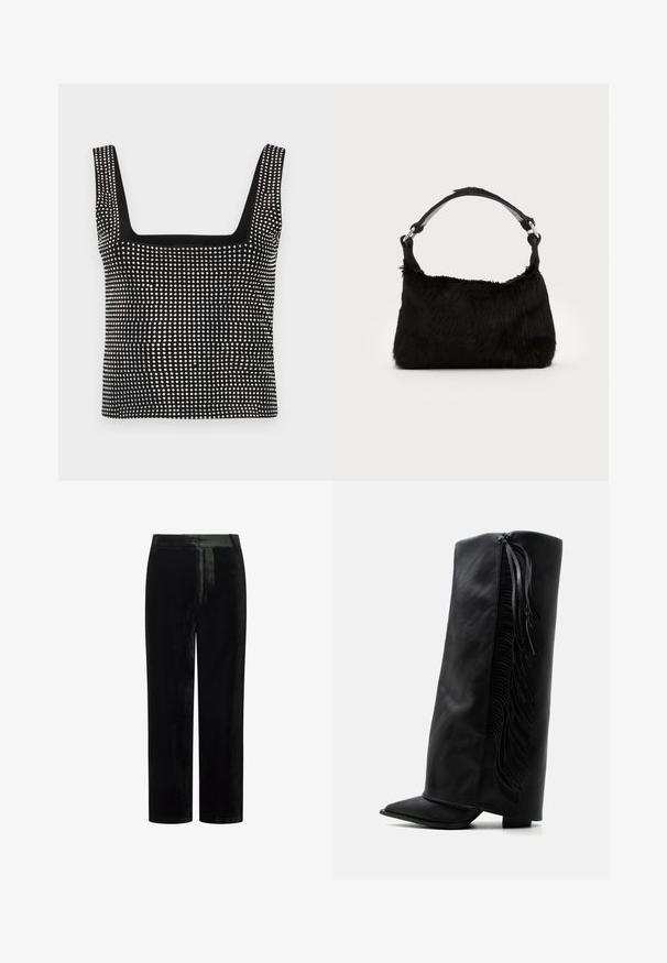 Good American CRYSTAL TANK - Top - black; Sorte fløjlsbukser med en lige snit, der har en flad linning og glat tekstur, velegnede til både formelt og afslappet brug.; Sort læder knæhøj støvle med spids tå og dekorativ frynse langs ydersiden mod en ensartet hvid baggrund.; Sort faux fur håndtaske med en blød tekstur, rund form og en robust skulderrem i sort læder. Synlige sølvhardware-detaljer.