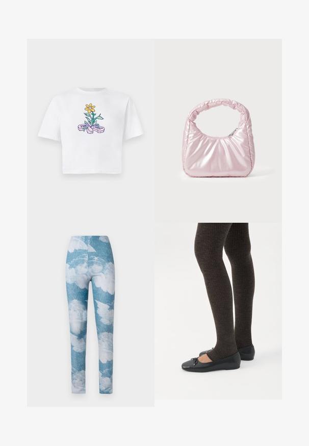 Hvid kortærmet t-shirt med et farverigt blomsterdesign, der inkluderer en gul blomst og grønne blade, ledsaget af teksten 'Santa Cruz'.; Leggings med en blå denim baggrund og hvide sky mønstre. Stoffet synes strækbart med en tætsiddende design og ankel længde.; Ben iført mørke ribbede leggings kombineret med sorte balletsko med små sløjfedetaljer på hvid baggrund.; Rosa, polstret håndtaske med afrundet design, lavet af skinnende materiale. Har et samlet håndtag og en lynlås til sikker adgang.