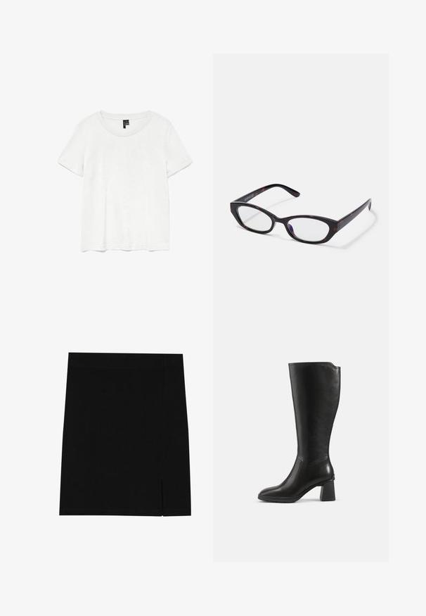 T-shirt blanc à manches courtes avec un col rond, fabriqué en tissu léger. Design simple, texture lisse et ourlet droit.; Mini-jupe noire en tissu doux avec une coupe ajustée, présentant une légère fente sur le côté pour plus de style.; Botte en cuir noire montant jusqu’au genou avec un talon bloc et un bout arrondi, vue de profil sur un fond uni.; Lunettes de style œil de chat avec une monture en plastique écaille de tortue foncée et brillante, avec des branches courbées et des verres transparents. Marquage minimal sur le côté.