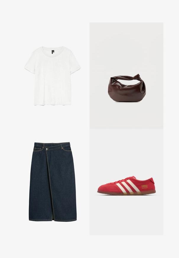 Hvid kortærmet t-shirt med rund halsudskæring, lavet af letvægtsstof. Enkel design, glat tekstur og lige kant.; Denim nederdel i mørk navyblå, midi-længde, med et omslagdesign, synlige sømme i en kontrastfarve og en slids foran.; Røde ruskinds sneakers med hvidt tre-stripes design, flad ydersål og guld logo detalje. Lavskåren design med afrundet tå og snørebåndslukning.; Mørkebrun læder skuldertaske med en blød, afslappet form og et snoet knudehåndtag på en ensartet hvid baggrund.