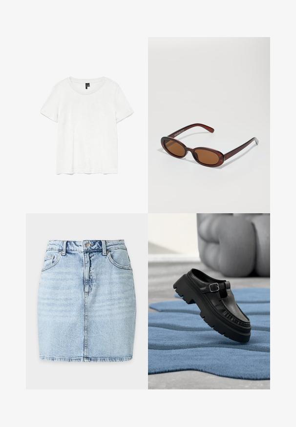 Hvid kortærmet t-shirt med rund halsudskæring, lavet af letvægtsstof. Enkel design, glat tekstur og lige kant.; Lyseblå denim mininederdel med frontknap, bæltestropper, to forlommer og synlig lodret søm ned langs midten.; Sort læderloafer med chunky profil sål og sølvspænde, placeret i en vinkel på et struktureret blåt tæppe.; Runde, bruntonede solbriller med en glansfuld bordeauxramme. Slanke arme med diskret brandingdetalje. Flad linsedesign.