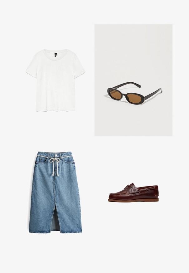 Weißes T-Shirt mit kurzen Ärmeln und rundem Ausschnitt, hergestellt aus leichtem Stoff. Schlichtes Design, glatte Textur und gerader Saum.; Denim-Midi-Rock, hellblau, mit Schlitz vorne, Kordelzugbund, klassischem Fünf-Taschen-Design und Kontrastnähten.; Brauner Leder-Bootsschuh mit Schnürsenkeln, Nahtdetails und Timberland-Logo an der Seite, auf weißem Hintergrund gezeigt.; Sonnenbrille mit ovalen braunen Gläsern, schwarzen Kunststofffassungen und dünnen Bügeln. Glatte Textur mit minimalistischem Design.