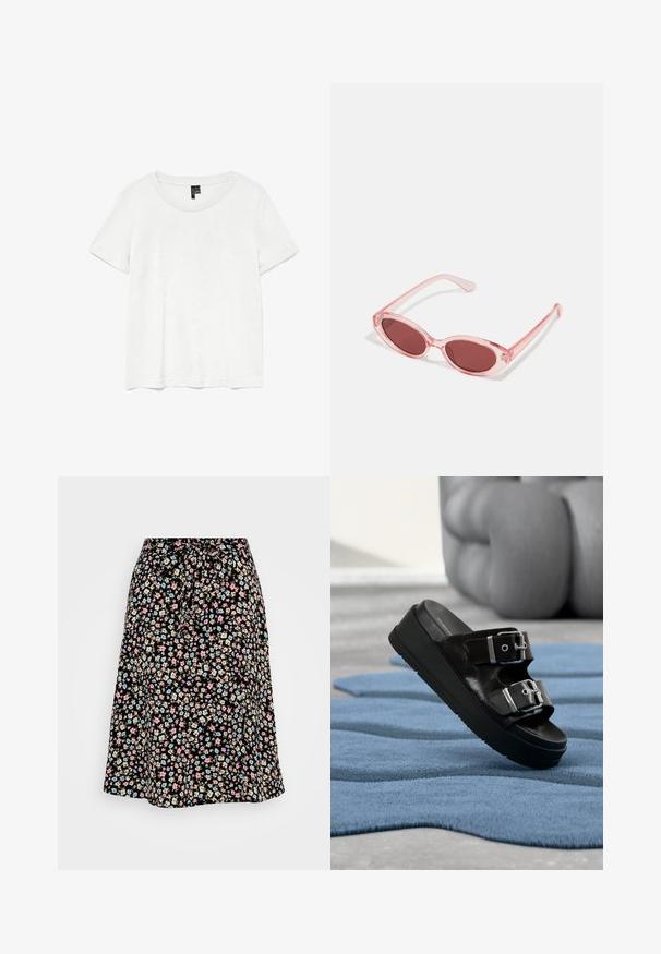Camiseta blanca de manga corta con un cuello redondo, hecha de tejido ligero. Diseño simple, textura suave y dobladillo recto.; Falda midi floral con fondo negro, adornada con pequeñas flores en tonos rosa, azul y beige. Cintura elástica con un detalle de lazo, diseño fluido.; Sandalia negra con dos hebillas plateadas, suela con plataforma, colocada sobre una alfombra azul texturizada con muebles beige desenfocados en el fondo.; Gafas de sol transparentes rosas con lentes ovalados, tinte rojo oscuro y varillas delgadas, con un acabado suave y detalles sutiles en la montura.