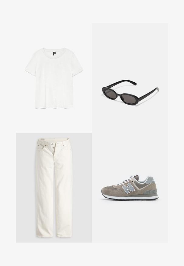 Hvid kortærmet t-shirt med rund halsudskæring, lavet af letvægtsstof. Enkel design, glat tekstur og lige kant.; Hvide jeans med høj talje, lige ben, knaplukning, lommer foran og bagpå samt synlige kobbernitter i lommekanterne.; Brune ruskind sko med grå meshenheder, hvide snørebånd og et gråt 'N'-logo. Gummisåler med et let mønster for bedre greb.; Even&Odd Solbriller - black