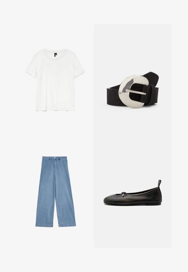 Hvid kortærmet t-shirt med rund halsudskæring, lavet af letvægtsstof. Enkel design, glat tekstur og lige kant.; Lyseblå vide jeans lavet af denim. Har høj talje, frontlukning med knap og lige ben med en ren kant.; Mørkebrun læder balletsko med en lille sløjfe på toppen og en trækfane ved hælen, vist fra siden på en hvid baggrund.; Sort ruskindsbælte med en stor, poleret sølvfarvet oval spænde og en struktureret overflade. Har et klassisk design med en standard lukning.