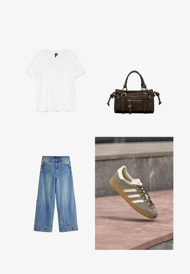 Hvid kortærmet t-shirt med rund halsudskæring, lavet af letvægtsstof. Enkel design, glat tekstur og lige kant.; Lysblå, brede jeans i denim med høj talje, markante syninger og lappe-lignende detaljer på baglommerne.; Lysebrun ruskinds Adidas-sneaker med hvide striber og gummisål, svævende over lyserøde stentrapper udendørs.; Mørkebrun læderhåndtaske med dobbelte håndtag, forreste lynlåslomme, dekorative spænder og sideknuder på hvid baggrund.