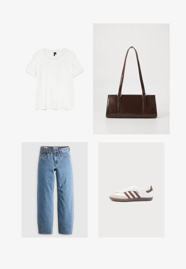 Weißes T-Shirt mit kurzen Ärmeln und rundem Ausschnitt, hergestellt aus leichtem Stoff. Schlichtes Design, glatte Textur und gerader Saum.; Helleblaue Denim-Jeans mit geradem Bein, fünf Taschen, einem Reißverschluss und einer subtilen, verwitterten Textur. Klassisches Design mit minimalem Hardwareeinsatz.; Weißer Adidas Samba Sneaker mit braunen Wildlederstreifen und Fersenlasche, beiger Zehenkappe und Gummisohle auf einfarbigem Hintergrund.; Braune Lackleder-Handtasche in rechteckiger Form, mit zwei langen Griffen und subtilen, geschwungenen Akzenten auf der Vorderseite.