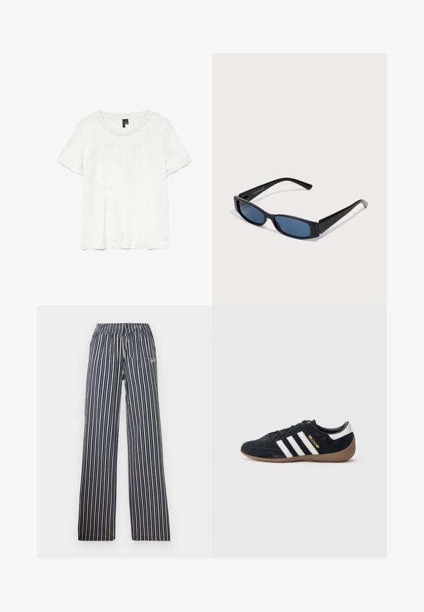 Camiseta blanca de manga corta con un cuello redondo, hecha de tejido ligero. Diseño simple, textura suave y dobladillo recto.; Pantalones a rayas en navy y blanco con cinturilla elástica, piernas amplias y detalle de logo bordado en la cadera izquierda delantera.; Zapatilla de ante negra con tres rayas blancas, suela de goma y un pequeño logo dorado en el lateral. Cuenta con un forro interior negro liso.; Gafas de sol negras con una elegante montura rectangular y lentes azules. Presentan una textura suave y varillas resistentes. Logo de la marca en el costado.