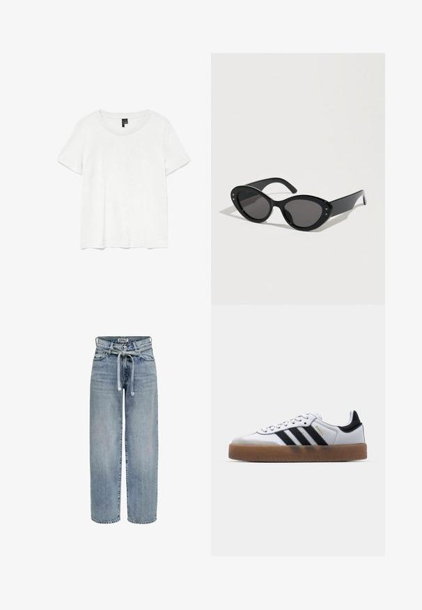 T-shirt blanc à manches courtes avec un col rond, fabriqué en tissu léger. Design simple, texture lisse et ourlet droit.; Jean en denim bleu clair à taille haute, coupe décontractée et détail de ceinture à nouer. Dispose d'un design classique à cinq poches et jambes droites.; Baskets en cuir blanc avec des rayures noires, semelle extérieure en caoutchouc beige, bout rond, fermeture lacée et embout en suède gris doux.; Lunettes de soleil noires à forme œil de chat surdimensionnée. Montures en plastique lisse avec des verres foncés et de petits accents étoilés sur les côtés.