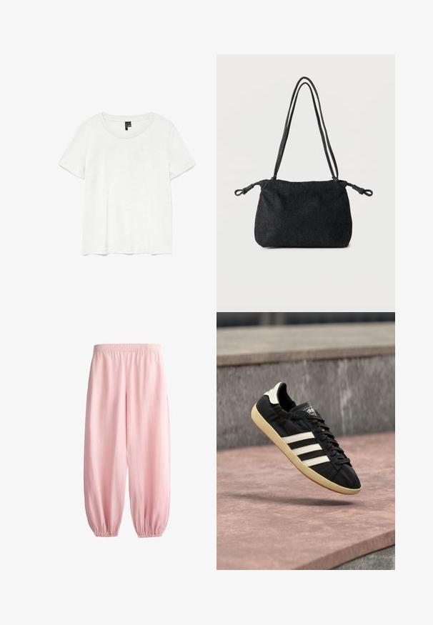 T-shirt blanc à manches courtes avec un col rond, fabriqué en tissu léger. Design simple, texture lisse et ourlet droit.; Pantalon ample rose clair avec taille élastique et bracelets élastiques aux chevilles sur fond blanc.; Baskets Adidas noires avec des bandes blanches et une semelle beige, capturées en plein air au-dessus d'une surface en pierre et d'un mur en pierre en arrière-plan.; Sac bandoulière en denim noir avec doubles sangles en corde et extrémités nouées de chaque côté, posé sur un fond blanc uni.