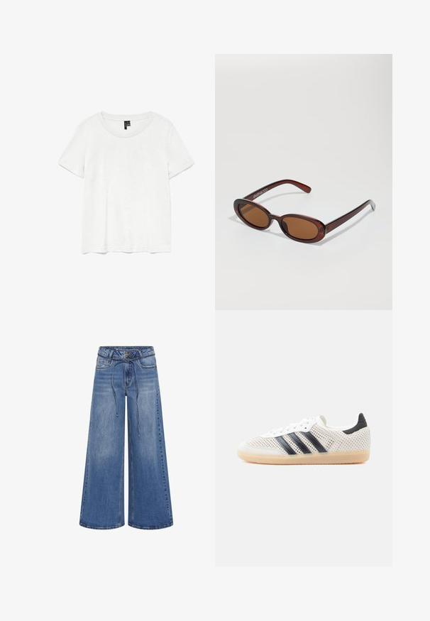 Weißes T-Shirt mit kurzen Ärmeln und rundem Ausschnitt, hergestellt aus leichtem Stoff. Schlichtes Design, glatte Textur und gerader Saum.; My Essential Wardrobe MWKARO 144 MID XWIDE - Wide Leg - medium blue wash; Weiße Mesh-Sneaker mit schwarzem Drei-Streifen-Design, abgerundeter Spitze und Gummisohle. Verfügen über einen weichen Fersenkragen und Schnürverschluss.; Runde, braun getönte Sonnenbrillen mit einem glänzenden burgunderfarbenen Rahmen. Schlanke Bügel mit dezentem Branding. Flaches Linsendesign.