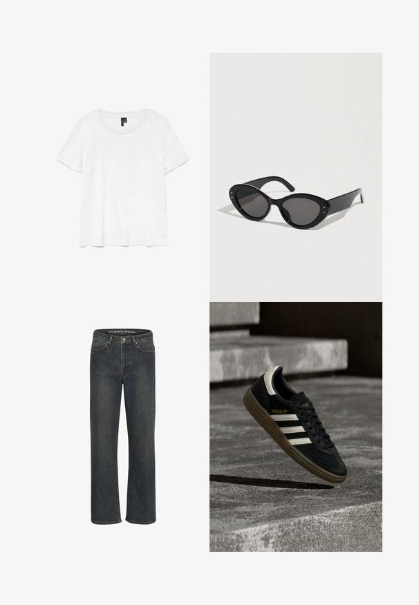 Hvid kortærmet t-shirt med rund halsudskæring, lavet af letvægtsstof. Enkel design, glat tekstur og lige kant.; Mørkeblå lige ben jeans lavet af denimstof, med medium talje, fem-lomme design og diskret syning langs sømmene.; Sort Adidas-sneaker med hvide striber og gummisåler, svævende over grå betontrapper i naturligt lys.; Sorte solbriller med en stor cat-eye form. Glatte plaststel med mørke linser og små stjerne-accentsider.