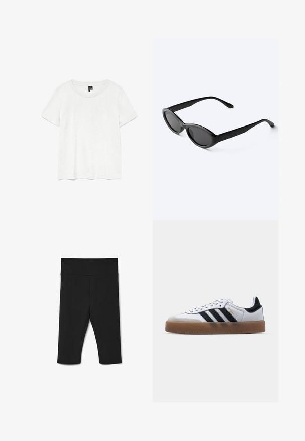 Camiseta blanca de manga corta con un cuello redondo, hecha de tejido ligero. Diseño simple, textura suave y dobladillo recto.; Leggings negros hasta la rodilla hechos de un tejido elástico, con una cinturilla ancha y costuras planas para mayor comodidad. Sin patrones ni acentos visibles.; Zapatillas de cuero blancas con rayas negras, suela de goma, puntera redonda, cierre de cordones y caperuza de ante gris suave.; Gafas de sol ovaladas negras y elegantes con lentes oscuras y patillas rectas, reposando sobre una superficie blanca.