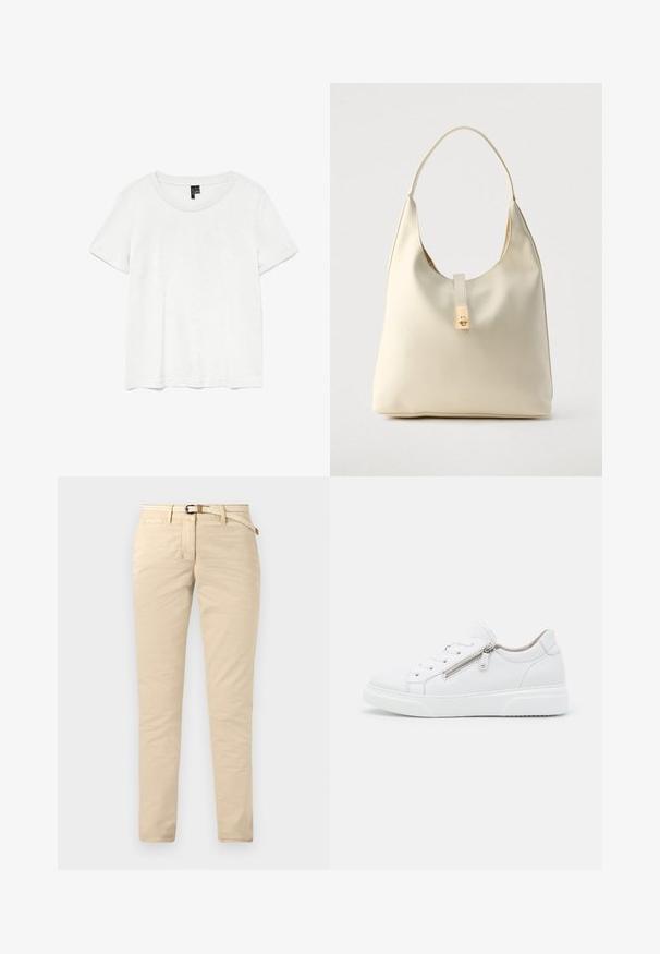 Hvid kortærmet t-shirt med rund halsudskæring, lavet af letvægtsstof. Enkel design, glat tekstur og lige kant.; Beige chinos lavet af bomuld med en glat tekstur, der har et vævet bælte og standardlommer. Slim fit med lige ben.; Hvide lædersneakers med en lav top, prydet med en sidelukning og en tekstureret gummisål. Glat overflade med minimal syning.; Hobo-taske i cremefarvet læder med en enkelt skulderrem, glat tekstur og et guldfarvet spænde foran.