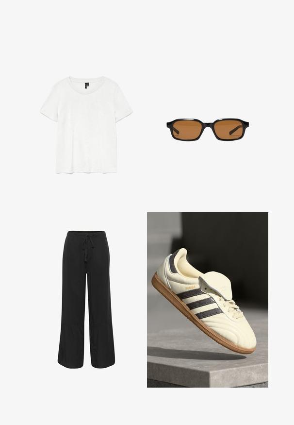 Hvid kortærmet t-shirt med rund halsudskæring, lavet af letvægtsstof. Enkel design, glat tekstur og lige kant.; Culture CUNAVI CLARINA - Bukser - black; Cremefarvede lædersneakers med tre mørke striber, en brun gummisål og en afrundet tå. Har en foldbar tunge mærket "SAMBA."; Sorte rektangulære solbriller med tykke stel og brune tonede linser, vist forfra på en hvid baggrund.