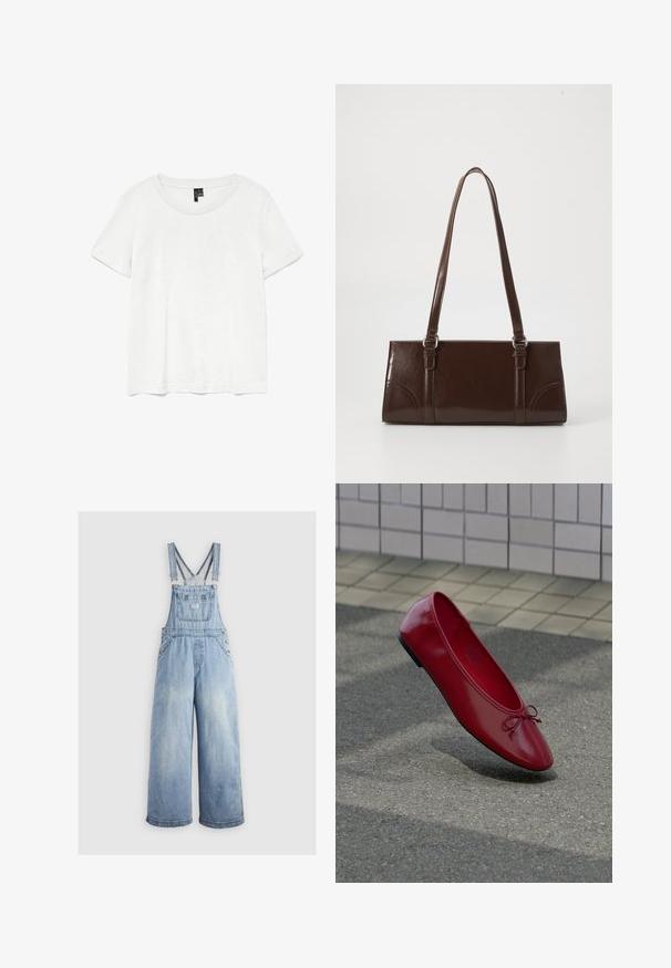 T-shirt blanc à manches courtes avec un col rond, fabriqué en tissu léger. Design simple, texture lisse et ourlet droit.; Salopette en denim bleu clair avec des jambes larges, bretelles réglables, poche avant et boutons en métal sur les côtés. Style classique avec une coupe décontractée.; Ballerine en cuir rouge avec un petit nœud sur un pavé texturé près d'un mur carrelé, projetant une ombre en dessous.; Sac à main en cuir verni marron de forme rectangulaire, avec deux longues poignées et des accents courbés subtils à l'avant.