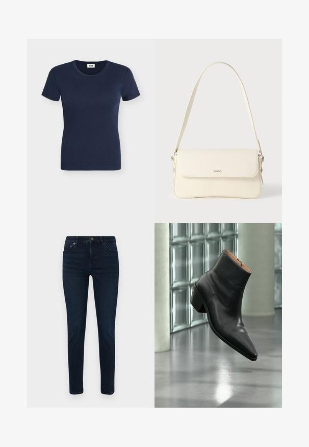 Marineblaues kurzärmeliges, geripptes Baumwoll-T-Shirt mit rundem Ausschnitt und figurbetontem Schnitt.; Dunkelblaue Jeans mit schmaler Passform, ausgestattet mit einem Fünf-Taschen-Design, Knopfverschluss und dezenten Nähdetails. Glatte Textur über die gesamte Fläche.; Schwarzer Leder-Stiefelette mit spitzer Schuhspitze und Blockabsatz, der über einem reflektierenden grauen Boden nahe einer Glassteinwand schwebt.; Schultertasche aus cremefarbenem Leder mit Klappverschluss, silbernen Beschlägen, einem verstellbaren Riemen und einem dezenten Logodetail.