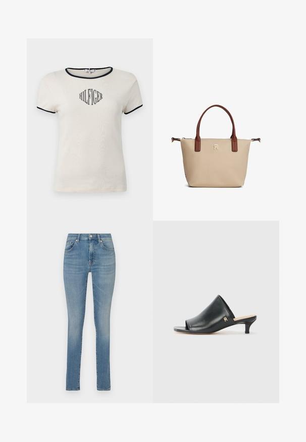 Beige kortærmet t-shirt med marineblå kant. Har "HILFIGER" trykt i sort kursiv på forsiden. Blødt bomuldsstof.; Lyseblå denim skinny jeans med en mellemhøj talje, fem lommer, diskret vask og et lige ben. Har knappål og lynlås lukning.; Sorte læder open-toe mules med en lav hæl. Har en glat overflade og et guld logo-prim på siden.; Beige mulepose med brune håndtag, lille guldlogo centreret under håndtagene og lynlås lukning øverst.