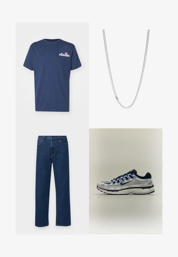 Marineblå bomulds t-shirt med korte ærmer, rund halsudskæring og et lille hvidt broderet logo på venstre bryst. Simpelt og udekoreret design.; Mørkeblå straight-leg denim jeans med forhåndslommer og knaplukning, vist på en ensfarvet hvid baggrund.; Lysegrå og sort Nike løbesko med blå detaljer, hvid sål og tekst "P-6000" på hælsiden.; Sølv kædedesign med sammenkoblede led, glat tekstur og ensartet rektangulær form. Sikker lukning.