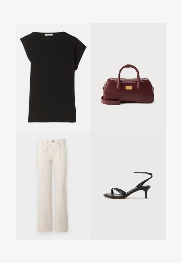 Schwarzes T-Shirt aus Baumwolle mit lässiger Passform, kurzen Cap-Ärmeln, rundem Ausschnitt und glatter Textur.; Beige weit geschnittene Jeans aus Baumwolle, mit vorderen Taschen, einem Reißverschluss und einer dezenten strukturierten Oberfläche. Klassisches Design mit lockerer Passform.; Schwarze Ledersandale für Damen mit dünnen Riemchen, einer Zehenlasche, einer Knöchelschnalle und einem mittelhohen Stöckelabsatz vor neutralem Hintergrund.; Dunkelrote Lederhandtasche mit zwei Henkeln, abnehmbarem Schulterriemen, goldenem Reißverschluss und einer kleinen goldenen Markenplakette auf der Vorderseite.