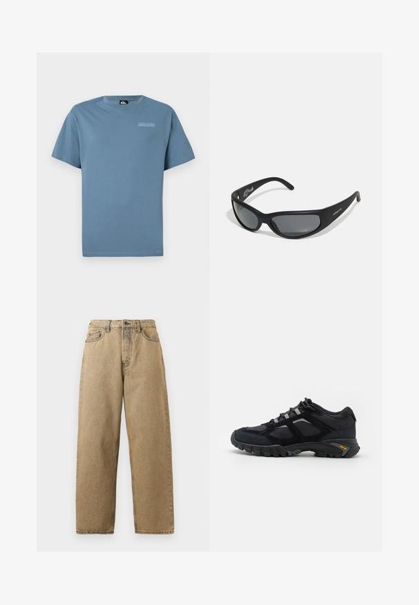 Blaues Baumwoll-T-Shirt mit Rundhalsausschnitt und kurzen Ärmeln. Mit einem dezenten Quiksilver-Logo auf der Brust in Hellgrau gedruckt.; Beige Denim-Jeans mit geradem Bein, ausgestattet mit einem Reißverschluss, Gürtelschlaufen und kontrastierenden Nähten. Keine auffälligen Muster oder Hardware-Details.; Schwarzer Outdoor-Schuh aus Wildleder und Mesh mit robuster Sohle. Verfügt über graue Akzente und Vibram-Branding an der Seite. Schnürdesign.; Schwarze Sonnenbrille mit einem geschwungenen Rahmen und dunklen Gläsern. Sie verfügt über eine matte Oberfläche und den Markennamen "ARNETTE" an der Seite.