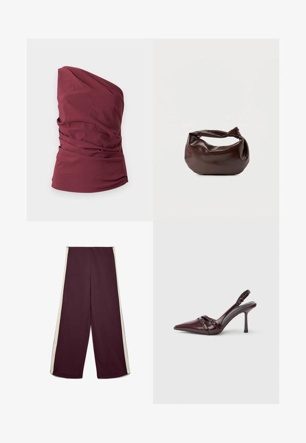 Haut bordeaux sans manches à une épaule avec des détails en tissu drapé et une taille cintrée sur un fond uni.; Pantalon bordeaux à jambes larges avec bandes blanches sur les côtés, devant plat et taille haute.; Escarpin slingback en cuir verni bordeaux avec bout pointu, fine bride à la cheville et petit détail décoratif de boucle. Texture lisse et talon haut.; Sac bandoulière en cuir marron foncé avec une forme souple et décontractée et une anse nouée torsadée sur un fond blanc uni.