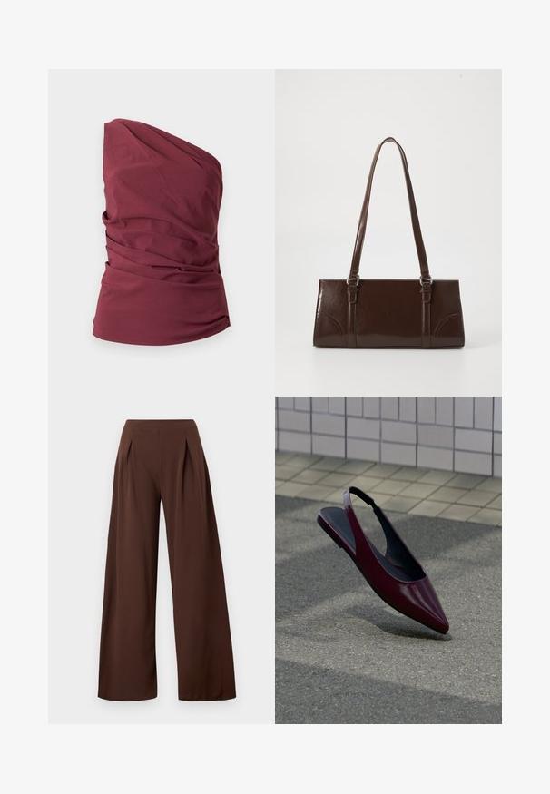 Haut bordeaux sans manches à une épaule avec des détails en tissu drapé et une taille cintrée sur un fond uni.; Pantalons à larges jambes en tissu marron foncé, avec une taille haute, des plis avant et une texture lisse. Convient pour diverses occasions.; Chaussure plate slingback en cuir verni marron avec bout pointu flottant au-dessus d'un trottoir texturé près d'un mur carrelé.; Sac à main en cuir verni marron de forme rectangulaire, avec deux longues poignées et des accents courbés subtils à l'avant.