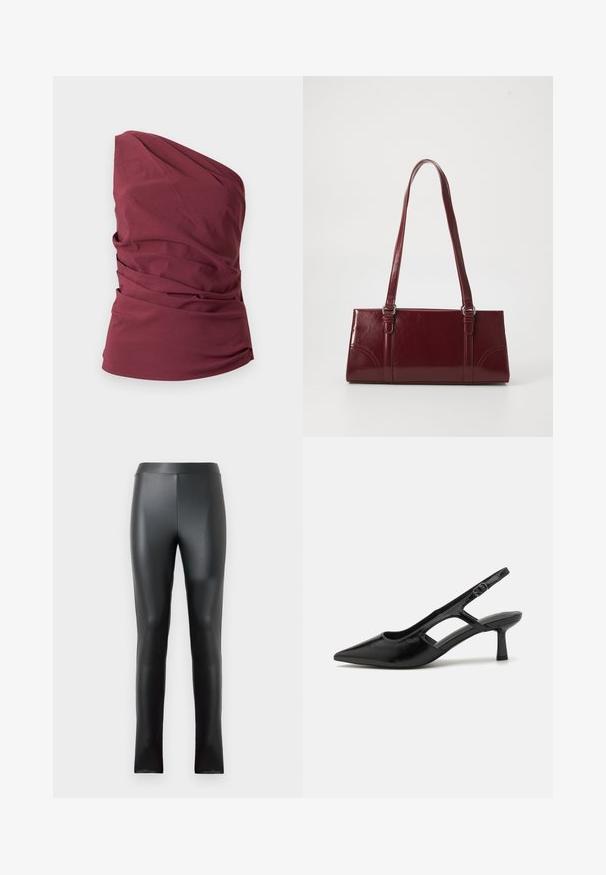 Haut bordeaux sans manches à une épaule avec des détails en tissu drapé et une taille cintrée sur un fond uni.; Leggings noirs en matériau lisse et brillant, dotés d'une taille haute et d'une coupe ajustée. Aucune couture ni embellissement visibles.; Escarpins noirs à talon ouvert avec un embout pointu, fabriqués en matériau brillant, présentant des accents découpés et un talon modéré pour un bon soutien.; Sac à main bordeaux en matériau brillant, de forme rectangulaire, avec deux anses et des accents légèrement courbés à l'avant.