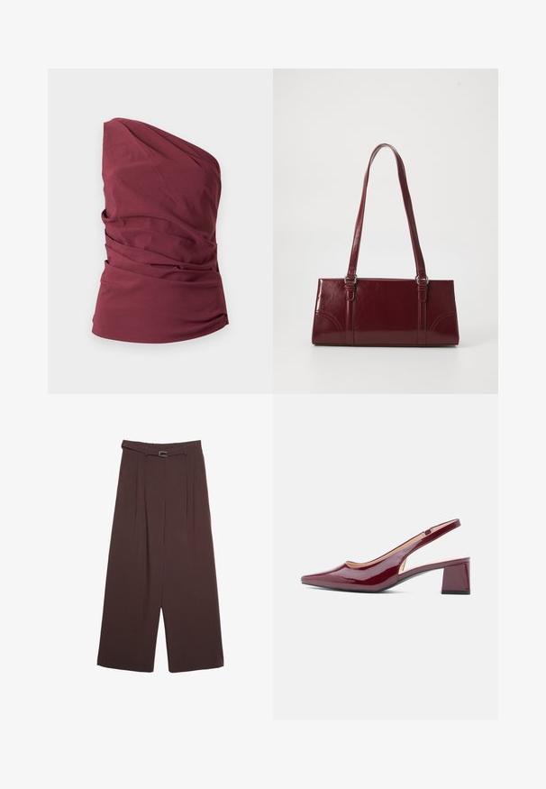 Ærmeløs, bordeaux rød one-shoulder top med draperede stofdetaljer og taljeret pasform mod en ensfarvet baggrund.; Stradivarius SMART WIDE-LEG WITH BUCKLE DETAIL - Bukser - dark brown; Bourgogne laklæder slingback høje hæle med spids tå, udskåret side og blokhæl. Glat tekstur og skinnende finish.; Bordeaux håndtaske lavet af glansfuldt materiale, rektangulær form, med to skulderremme og subtile buede detaljer på forsiden.